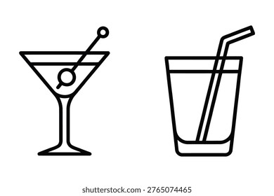 Two line art icons of drinks a martini glass with olive and a highball glass with straw cocktail illustration refreshment beverage drinkware celebration