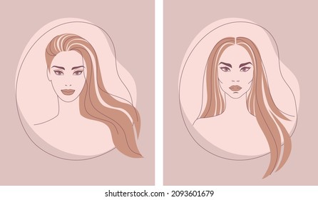 Ilustraciones de arte de dos líneas de hermosas mujeres con cabello largo
