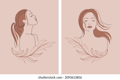Ilustraciones de arte de dos líneas de hermosas mujeres con cabello largo