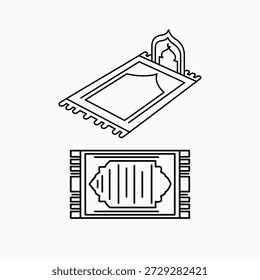 Dos ilustraciones de arte lineal representan esteras de oración, una desde una vista isométrica con un diseño de cúpula de mezquita, y otra desde una perspectiva de arriba hacia abajo que muestra un patrón detallado.