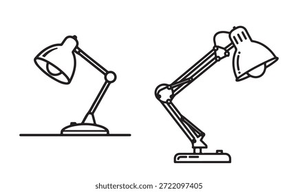 Duas ilustrações em arte de linha de candeeiros de mesa, um simples e um com um braço articulado mais complexo, ambos em fundos brancos.