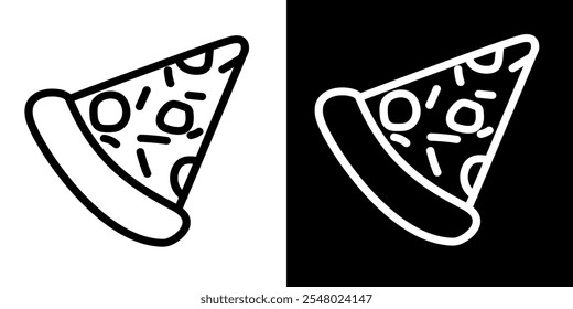 Two line art illustrations of a pizza slice, one on a white background and the other on a black background.