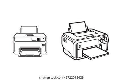 Duas ilustrações em arte de linha de impressoras, uma menor e frontal, a outra maior e em perspectiva isométrica, ambas com papel carregado.