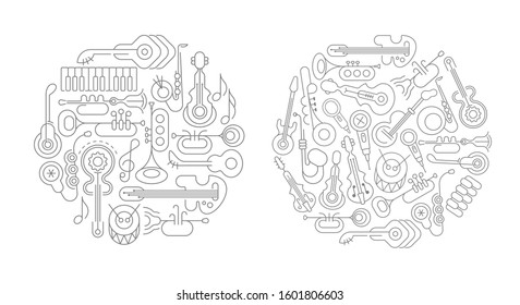 Two line arts in round shape of the concept of Musical Design. Thick line silhouettes of musical instruments. 