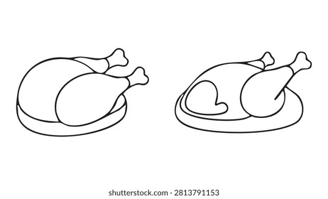 Two line drawings depict a roasted turkey on a platter presented against a white background. The illustrations show side and top views.