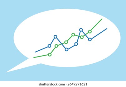 Dois gráficos de linhas, um azul e um verde, com pontos de dados circulares são exibidos dentro de uma grande bolha de fala branca sobre um plano de fundo azul claro.