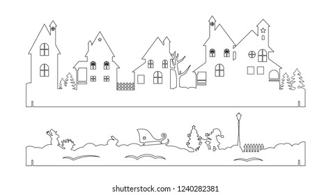 two line icons of christmas background isolatedon white houses and  snow landscape