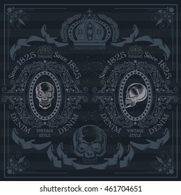 Two line pattern frames with skull front view and profile in center. Heraldic vintage background white on black
