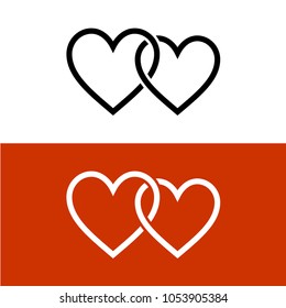 Two line style hearts together linked symbol. Love wedding theme sign. Linear style black, white and red colors logo.