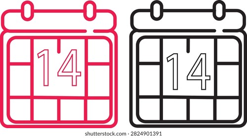 Two linear calendar with number fourteen, red and black outline style date