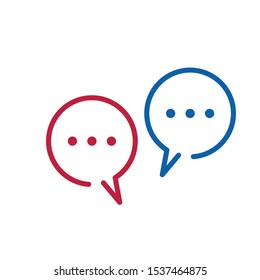 Two linear Dialog chat Speech bubbles with three dots in red and blue colors. Stock vector illustration isolated on white background.