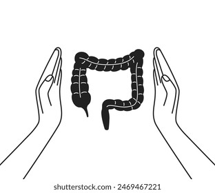 two linear hand holding black intestine icon. web simple linear element for graphic outline design or internet medical website. internal intestinal tract wellbeing badge or healthcare in human life