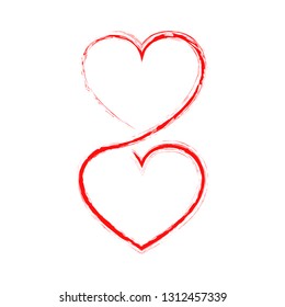Two linear hearts connected among themselves. Vector illustration. Red hearts in hand drawn style, as a symbol of love.