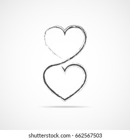 Two linear hearts connected among themselves. Vector illustration. Gray hearts in hand drawn style, as a symbol of love.