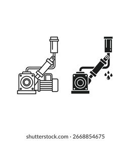 Dos iconos lineales representan una máquina con un cilindro y un motor. Uno muestra la máquina en forma de contorno, el otro en negro sólido con líquido goteante.