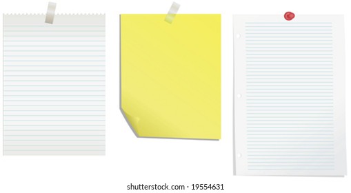 Two lined note-papers and one yellow notepaper with sticky tape and push pin