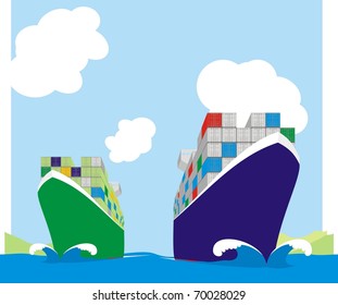 Two liner boxships racing for berthing window - Container vessels steaming at full speed color vector illustration