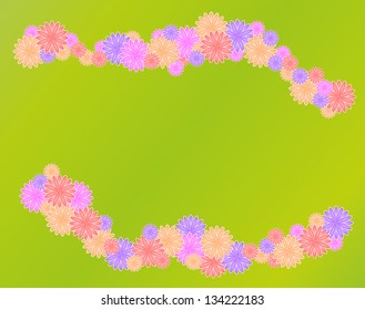 two lines of color flowers on green grass background