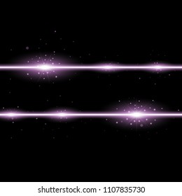 Two lines with lights and sparks on black background, light effect, purple color