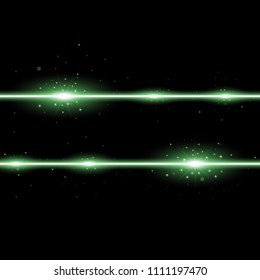 Two lines with lights and sparks on black background, light effect, green color