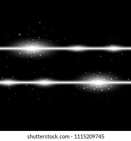 Two lines with lights and sparks on black background, light effect, white color