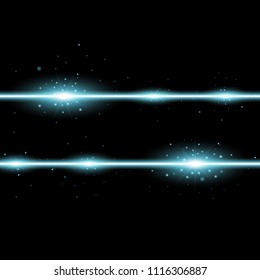 Two lines with lights and sparks on black background, light effect, aqua color