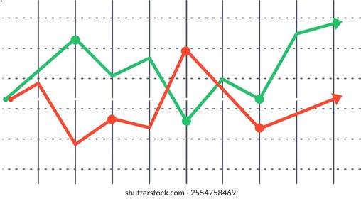 Two lines are representing increasing and declining trends over a grid background, symbolizing market analysis, financial performance, or business progress
