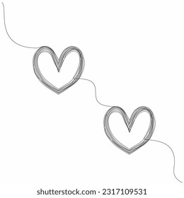 Two linked hanging heart, continuous one line drawing of heart. Black single line art isolated on white background. 
