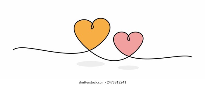 Two linked heart, continuous one line drawing with watercolor drop. Hand drawing of hearts, vector minimalist illustration of love concept made of one line. 