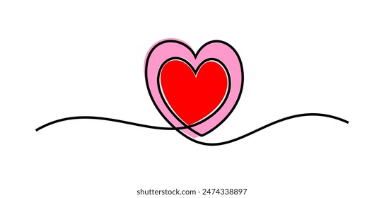 Dos corazones enlazados, dibujo continuo de una línea con gota de acuarela. Dibujo a mano de corazones, ilustración minimalista de Vector del concepto de amor hecho de una línea. 