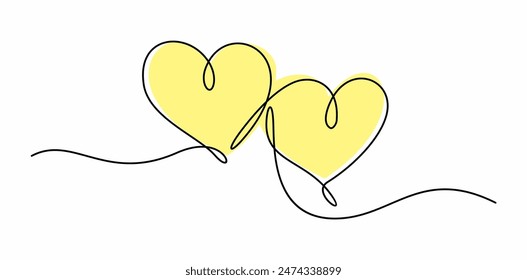 Dos corazones enlazados, dibujo continuo de una línea con gota de acuarela. Dibujo a mano de corazones, ilustración minimalista de Vector del concepto de amor hecho de una línea. 