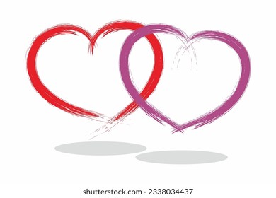 Two linked heart. Hand drawn two heart with brush stroke effect. Icon for romantic, wedding, couple, and true love.