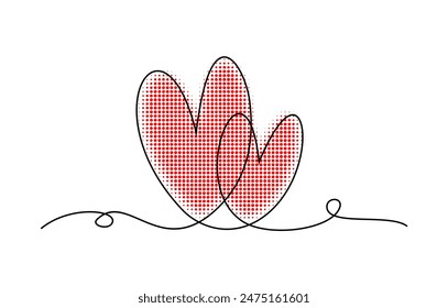 Dos corazones unidos con punto de semitono. Dibujo continuo de una línea que da forma a dos corazones. Dibujo a mano de corazones, ilustración minimalista de Vector del concepto de amor hecho de una línea. 