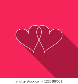 Two Linked Hearts icon isolated with long shadow. Heart two love sign. Romantic symbol linked, join, passion and wedding. Valentine day symbol. Flat design. Vector Illustration