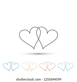 Two Linked Hearts icon isolated on white background. Heart two love sign. Romantic symbol linked, join, passion and wedding. Valentine day symbol. Set in colored icon. Flat design. Vector Illustration