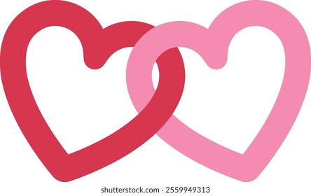 Two linked hearts icon. 
Locked linked love heart shape flat vector.
Two hearts together vector.
For celebrating Valentine's Day or wedding.
Transparent background.