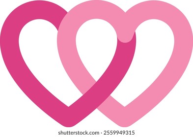 Two linked hearts icon. 
Locked linked love heart shape flat vector.
Two hearts together vector.
For celebrating Valentine's Day or wedding.
Transparent background.