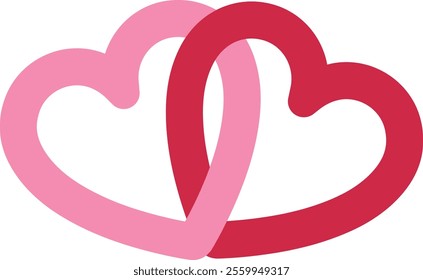 Two linked hearts icon. 
Locked linked love heart shape flat vector.
Two hearts together vector.
For celebrating Valentine's Day or wedding.
Transparent background.