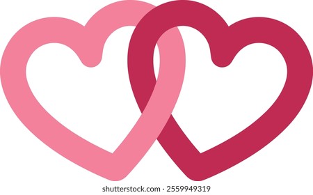 Two linked hearts icon. 
Locked linked love heart shape flat vector.
Two hearts together vector.
For celebrating Valentine's Day or wedding.
Transparent background.