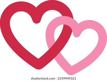 Two linked hearts icon. 
Locked linked love heart shape flat vector.
Two hearts together vector.
For celebrating Valentine's Day or wedding.
Transparent background.