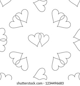 Two Linked Hearts icon seamless pattern on white background. Heart two love sign. Romantic symbol linked, join, passion and wedding. Valentine day symbol. Flat design. Vector Illustration