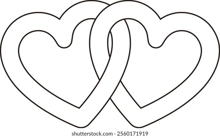 Two linked hearts outline.
Locked linked love heart shape outline.
Two hearts together vector.
For celebrating Valentine's Day or wedding.
Transparent background.