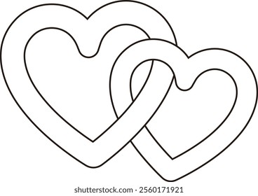 Two linked hearts outline.
Locked linked love heart shape outline.
Two hearts together vector.
For celebrating Valentine's Day or wedding.
Transparent background.