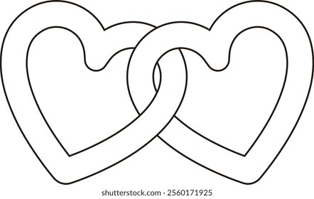 Two linked hearts outline.
Locked linked love heart shape outline.
Two hearts together vector.
For celebrating Valentine's Day or wedding.
Transparent background.