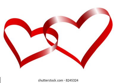 Two linked hearts of red ribbon.