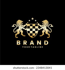 Two Lion gold vector logo with shield and five stars, logo template, elegant, vintage on black background