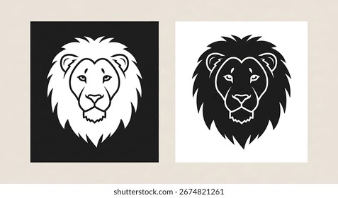 Two lion head illustrations, one in black and one in white.