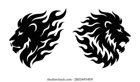 Two lion head silhouettes with flame like manes against a white background silhouette lions lioness feline big cat