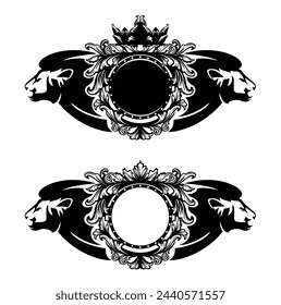 dos cabezas de león, corona de rey y escudo heráldico - vintage estilo real escudo de armas negro y blanco conjunto de diseño vectorial