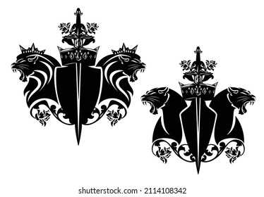 two lion heads and pair of panthers with heraldic shield, king crown, knight sword and rose flowers decor - medieval style black and white vector royal coat of arms design